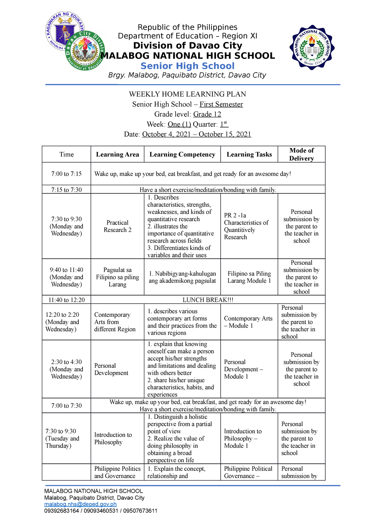 Whlp Weekly Home Learning Plan For Teachers 2021 2022 Republic Of The Philippines Department 2774