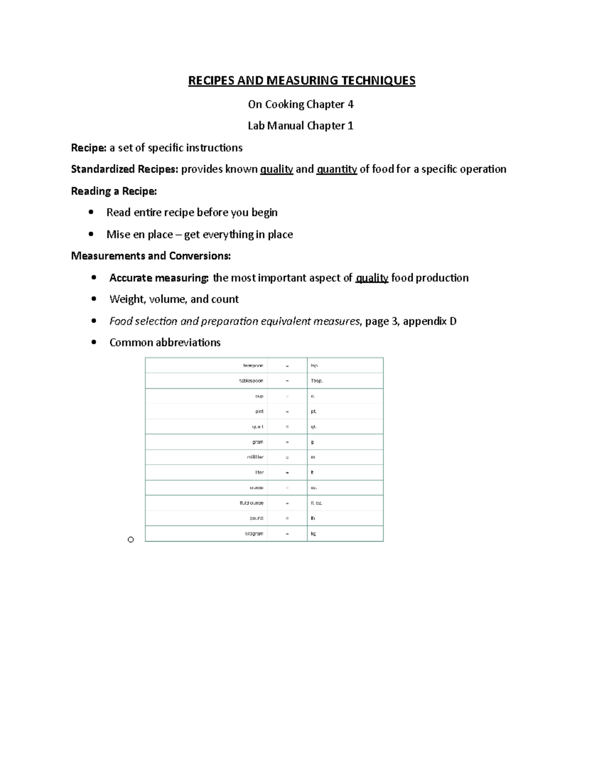 Chapter 4 Recipes and Measuring Techniques RECIPES AND MEASURING