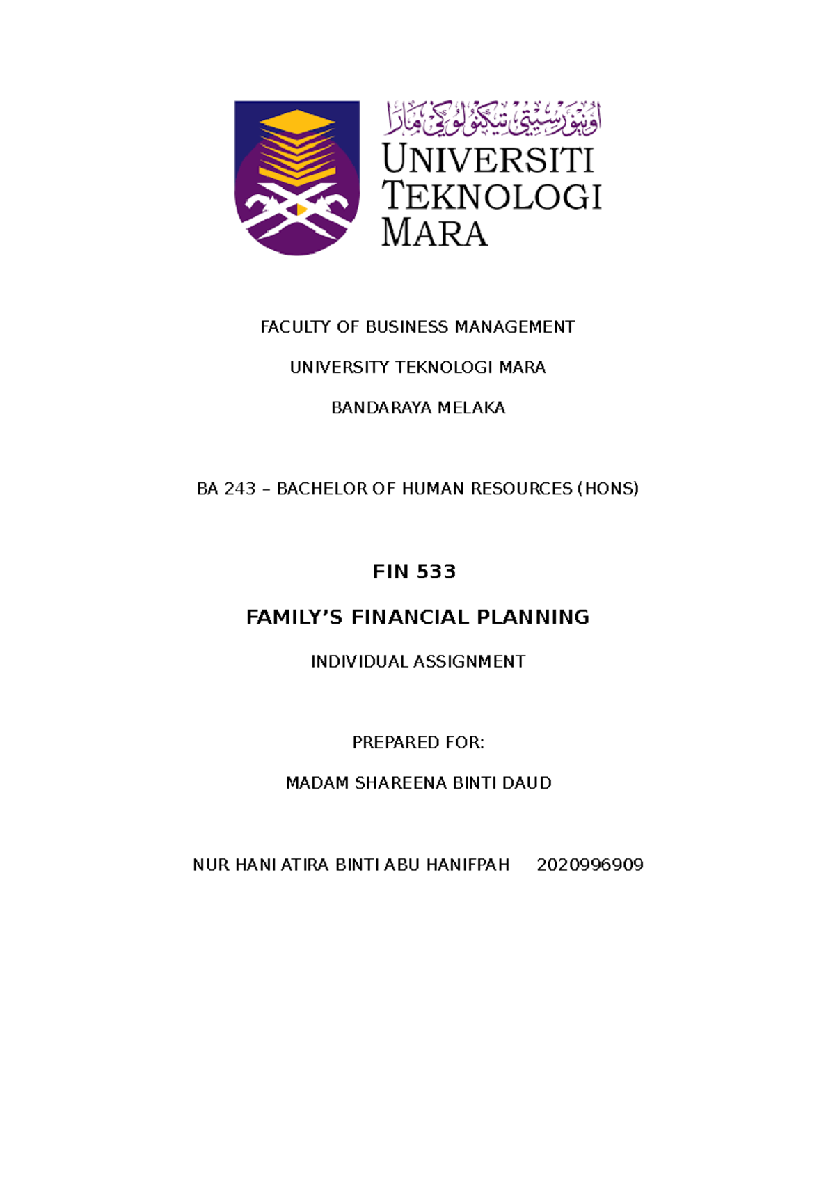 Family's Financial Planning Hani (Fin533) - FACULTY OF BUSINESS ...