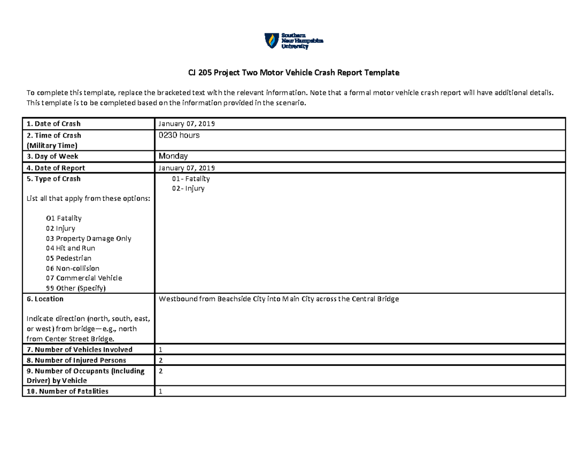 CJ 205 Project Two Motor Vehicle Crash Report Template - Note that a ...
