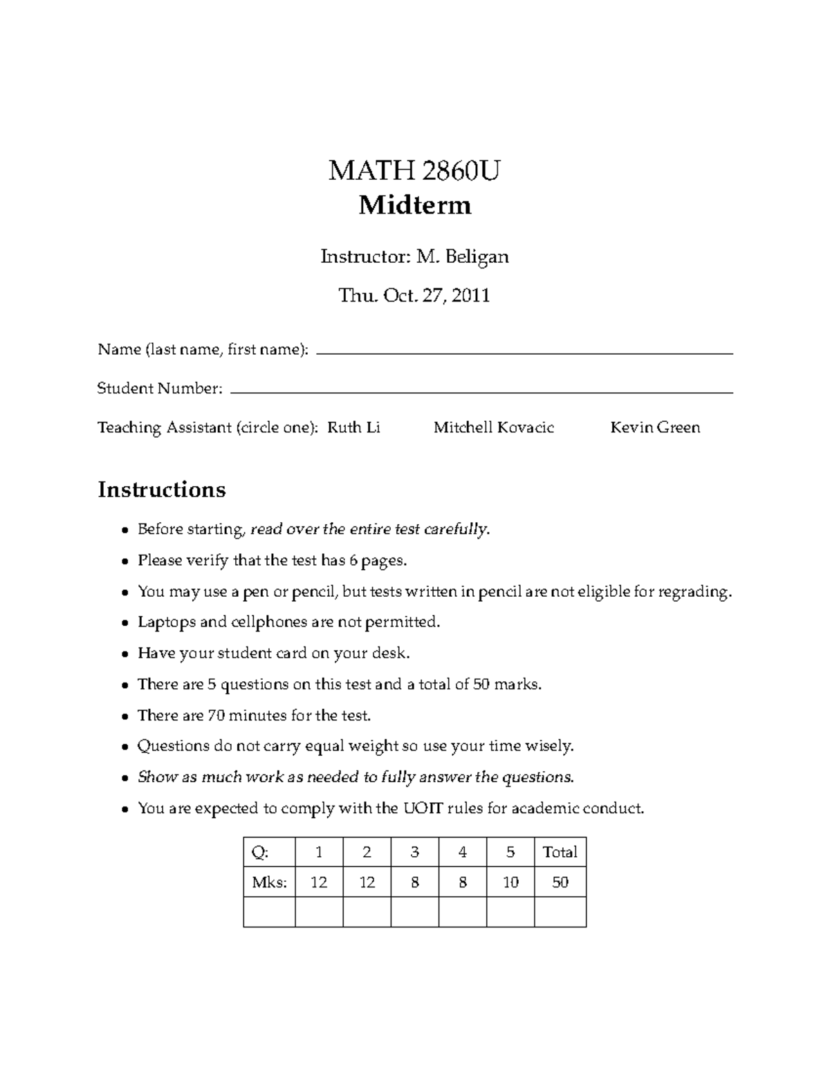 Exam 2011, questions and answers - Midterm 2 - MATH 2860U Midterm ...