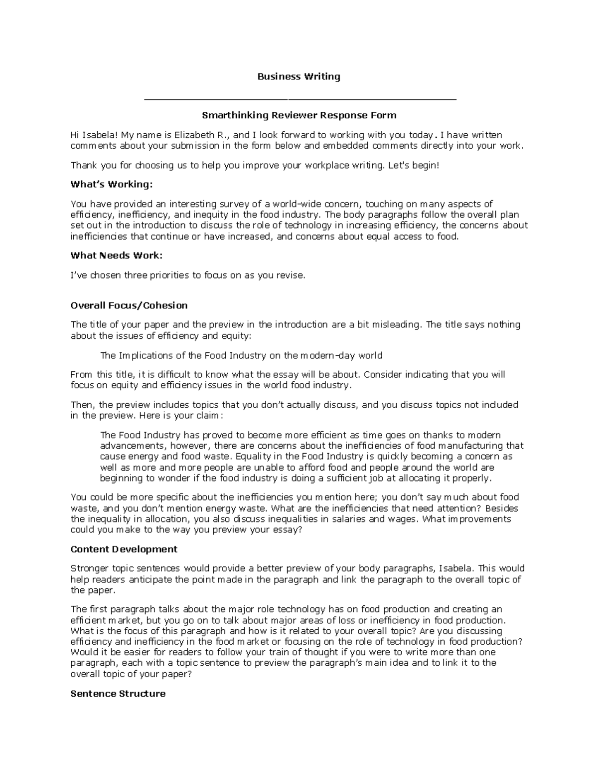 ECON 1030 CPE Essay - Business Writing Smarthinking Reviewer Response ...