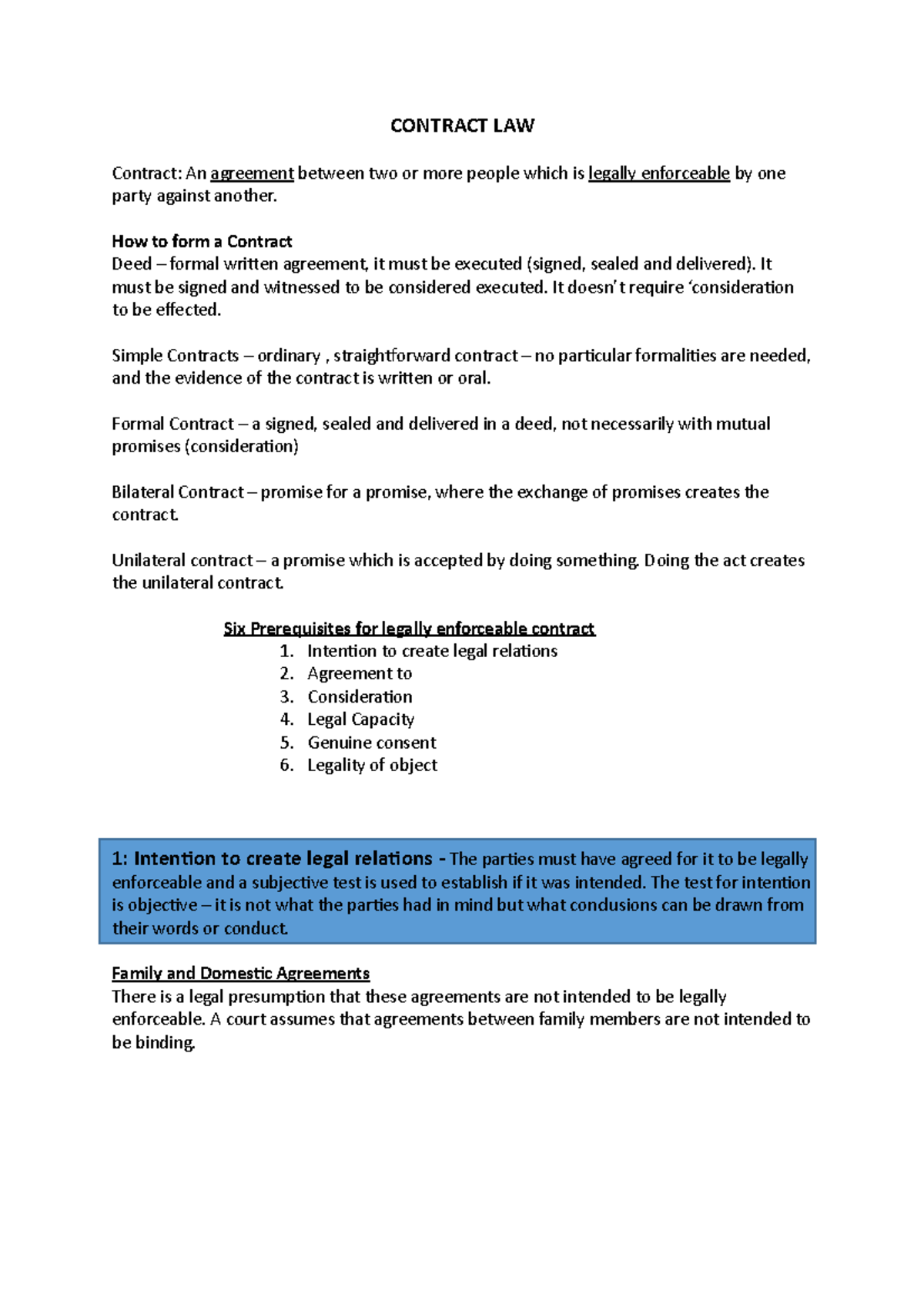 exam Notes summary - CONTRACT LAW Contract: An agreement between two or ...