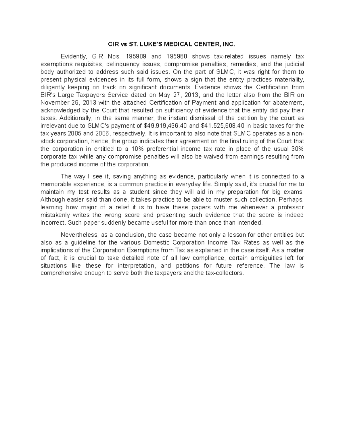 CIR vs ST. LUKE’S Medical Center, INC - CIR vs ST. LUKE’S MEDICAL ...