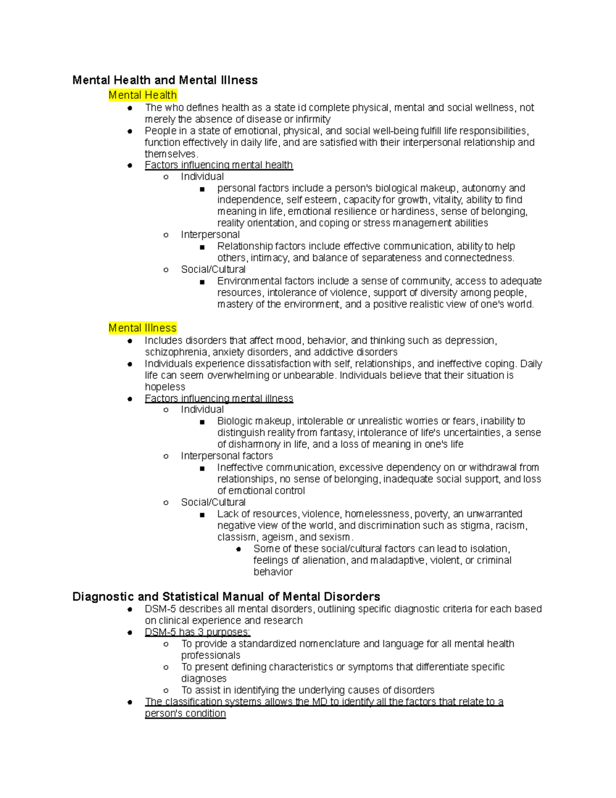 Ch. 1 Notes - Summary of chapter - Mental Health and Mental Illness ...