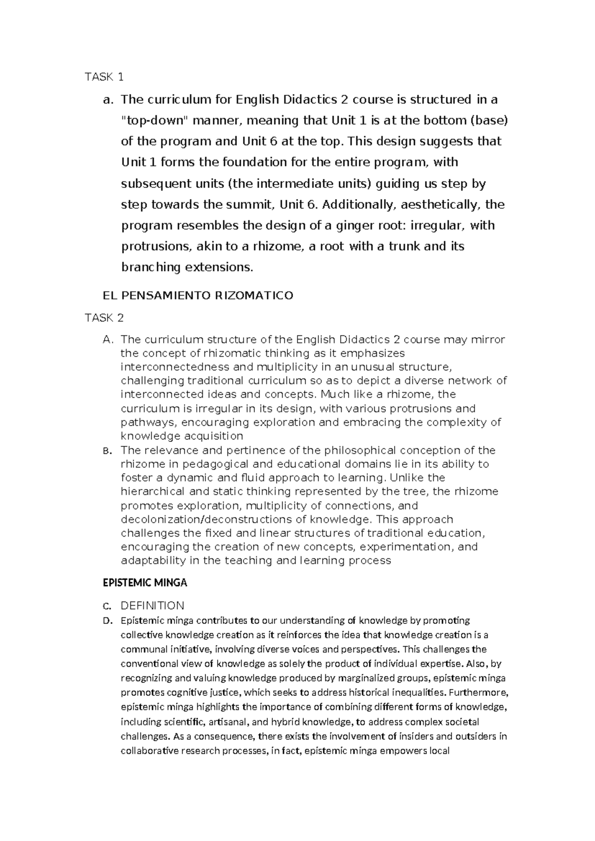 Worksheet Programa, El pensamiento rizomatico y Epistemic Minga - TASK ...