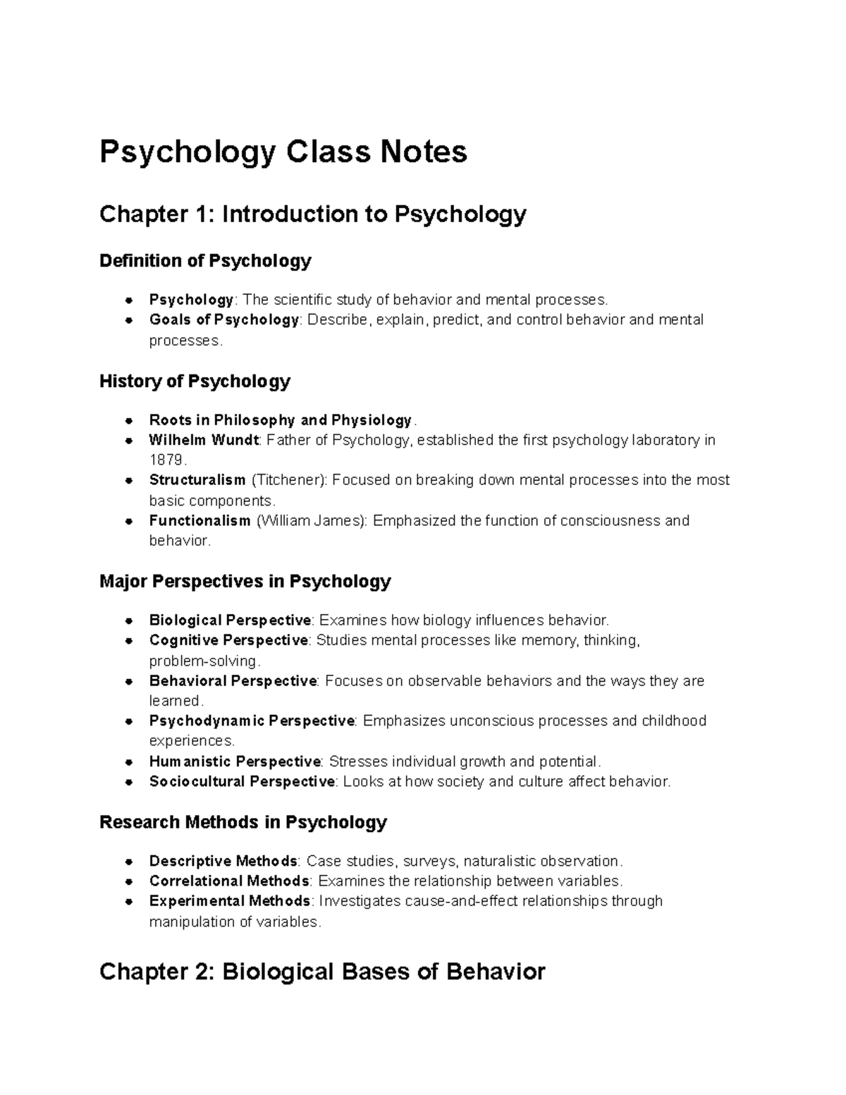 Psychology Class Notes - Psychology Class Notes Chapter 1: Introduction ...
