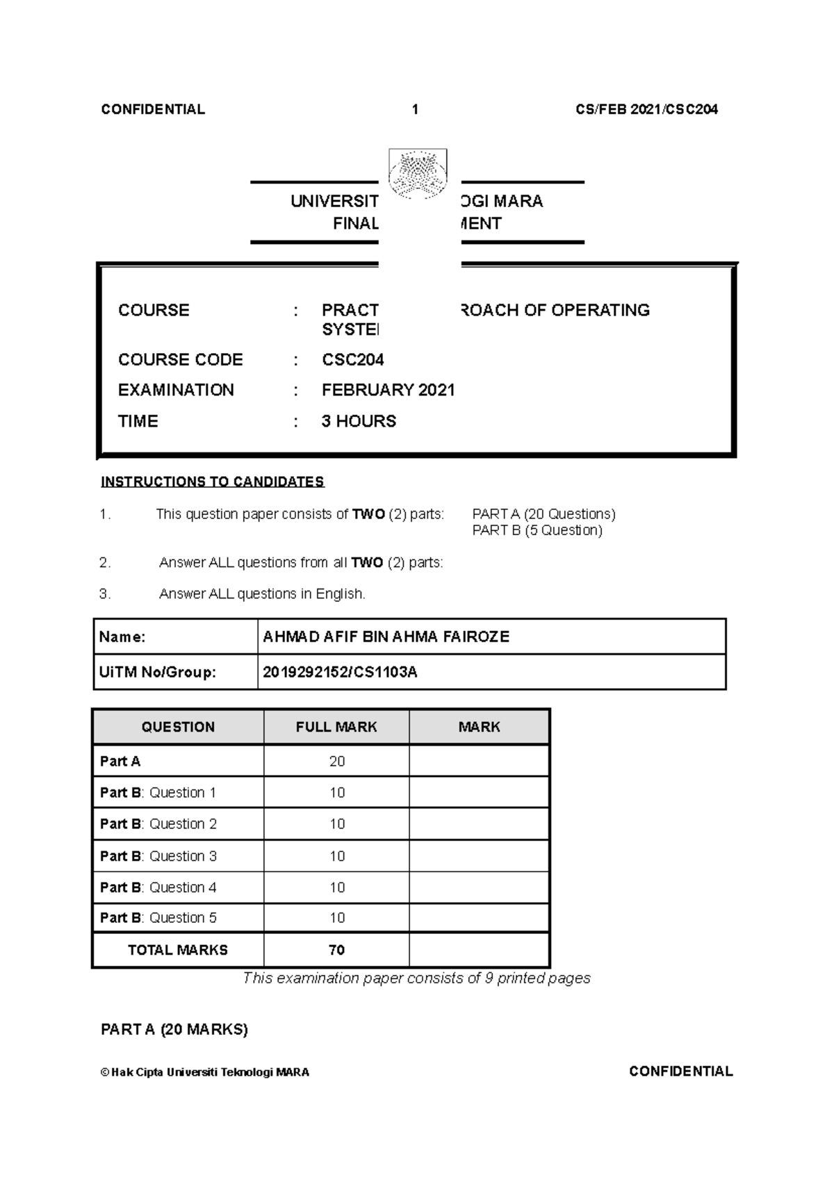 Csc204 Final Assessment Answer - Universiti Teknologi Mara Final 