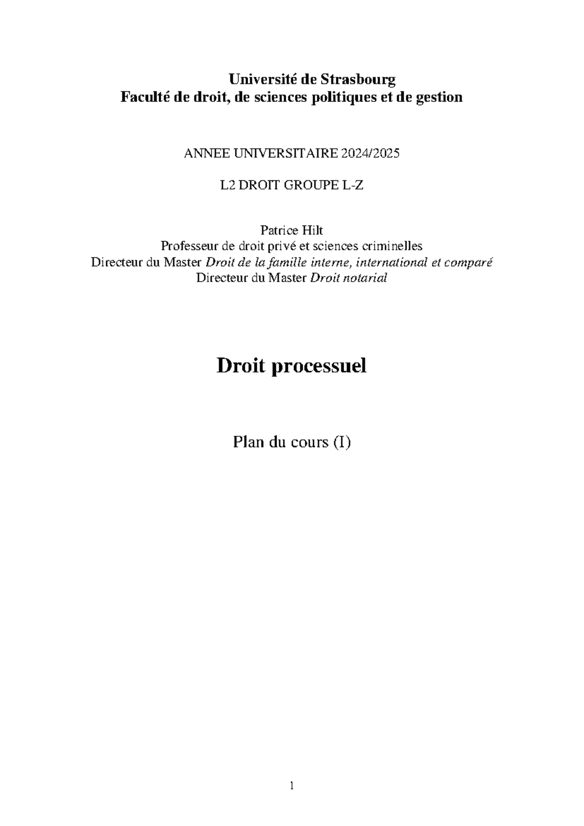 Plan du cours détaillé 2024 2025 - Université de Strasbourg Faculté de ...