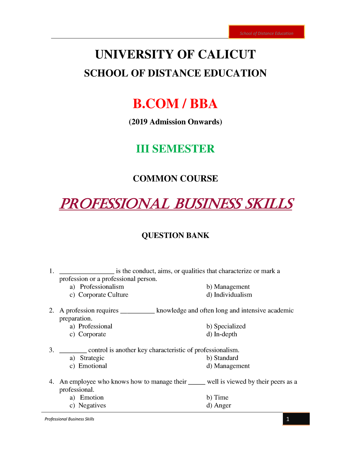 III Sem- B Com, BBA-Professional Business Skill - UNIVERSITY OF CALICUT ...