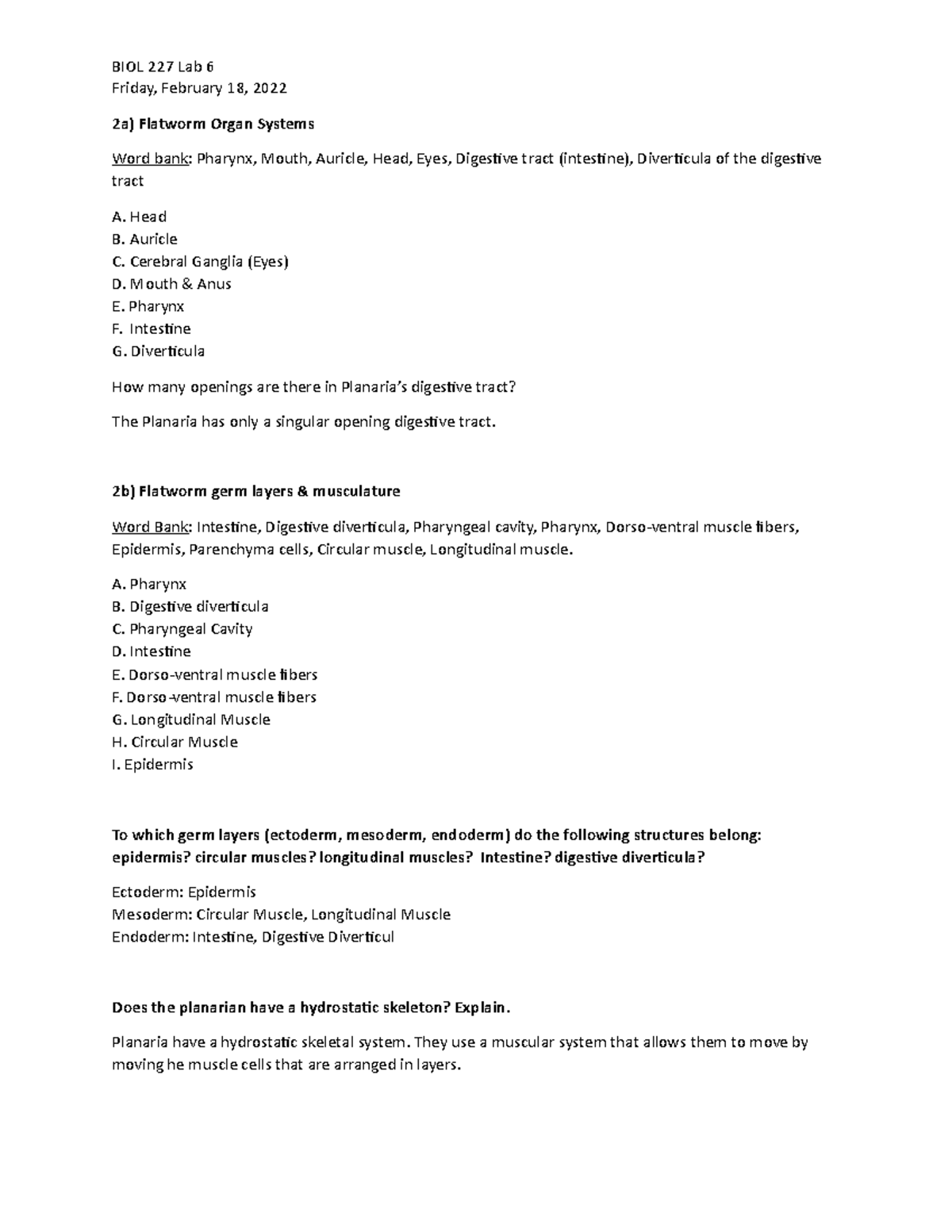 BIOL 227 Lab 6 Worm body plan and locomotion - Friday, February 18 ...