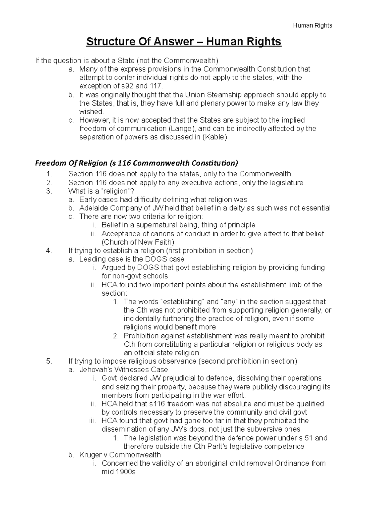 Human Rights - NOTES - Human Rights Structure Of Answer – Human Rights ...