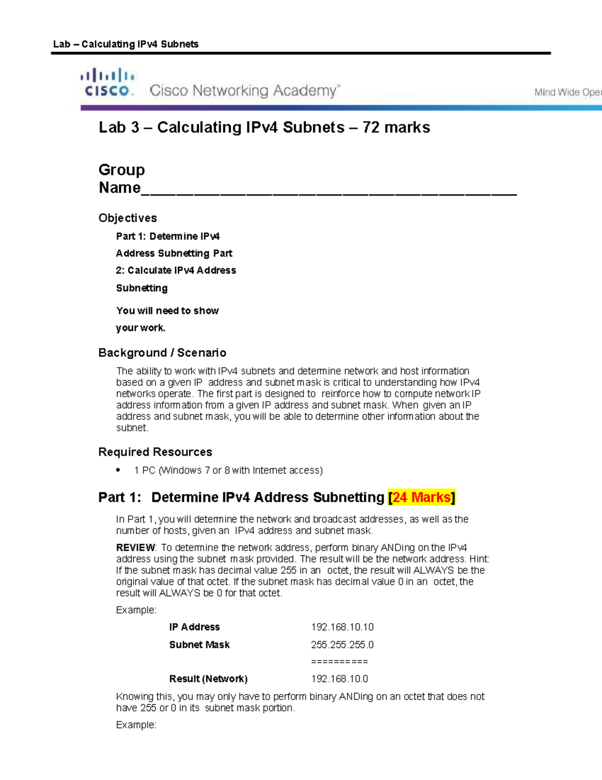 New Lab3 - Subnetting - Lab 3 – Calculating IPv4 Subnets – 72 Marks ...