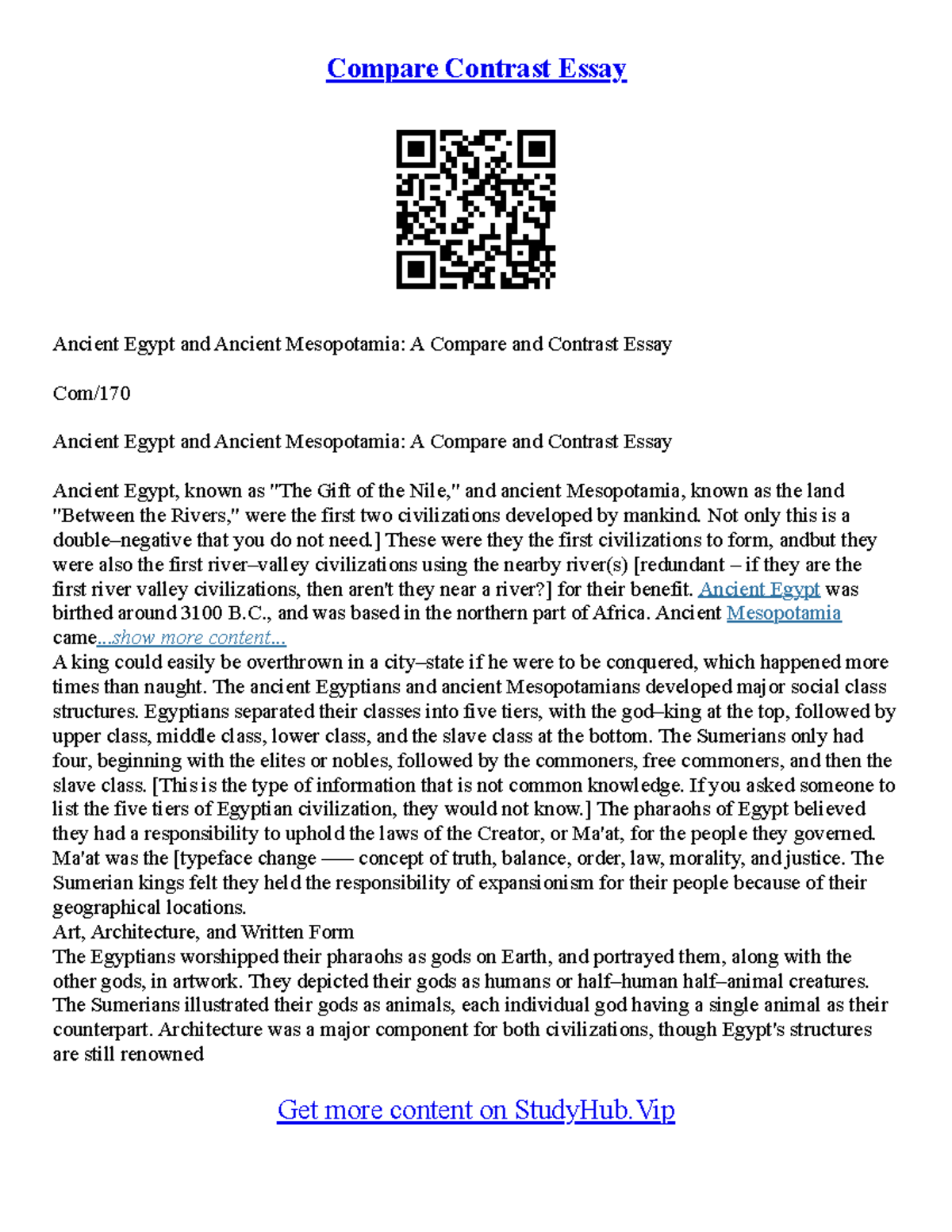 Compare Contrast Essay Format - Compare Contrast Essay Ancient Egypt ...