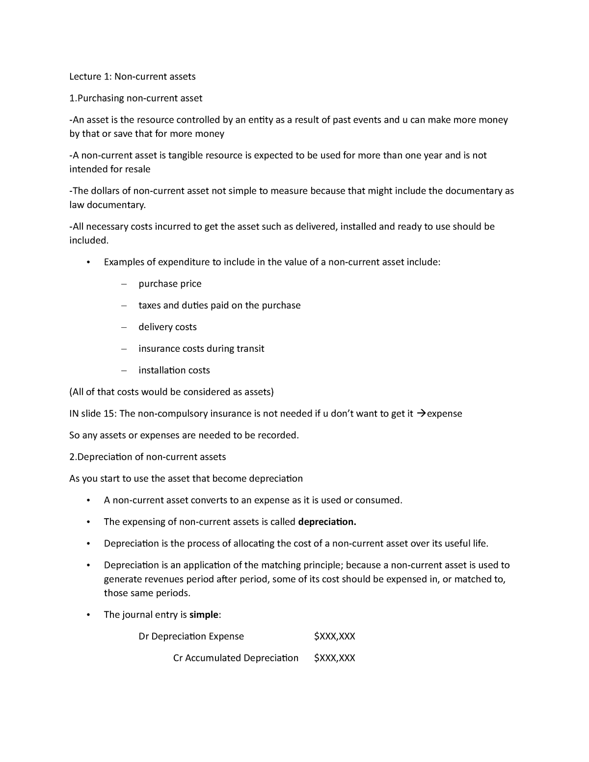 Accounting B Week 1 lecture note and answer - Lecture 1: Non-current ...