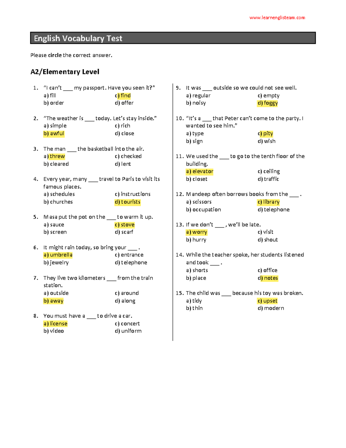 Ingles - Vocabulario de apoyo - English Vocabulary Test Please circle ...