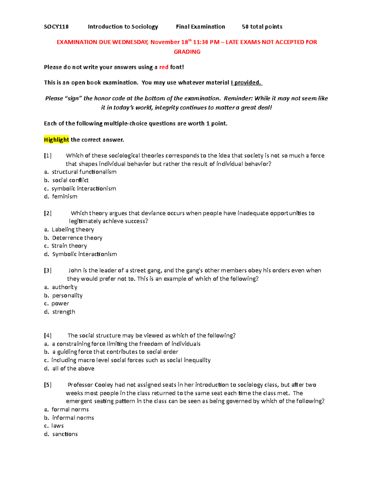 SOCY110 F20 Examination #2 - SOCY110 Introduction to Sociology Final ...