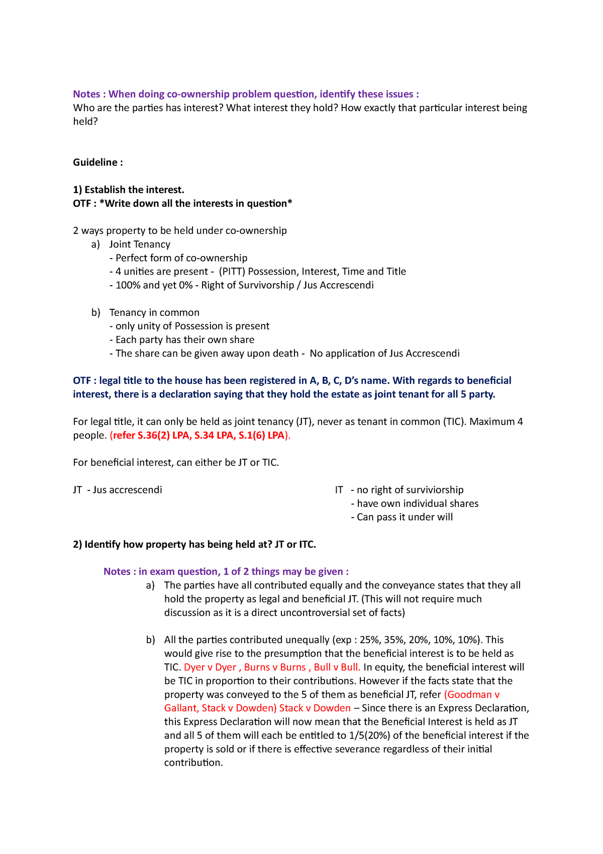 Land Law Revision Question - Notes : When doing co-ownership problem ...