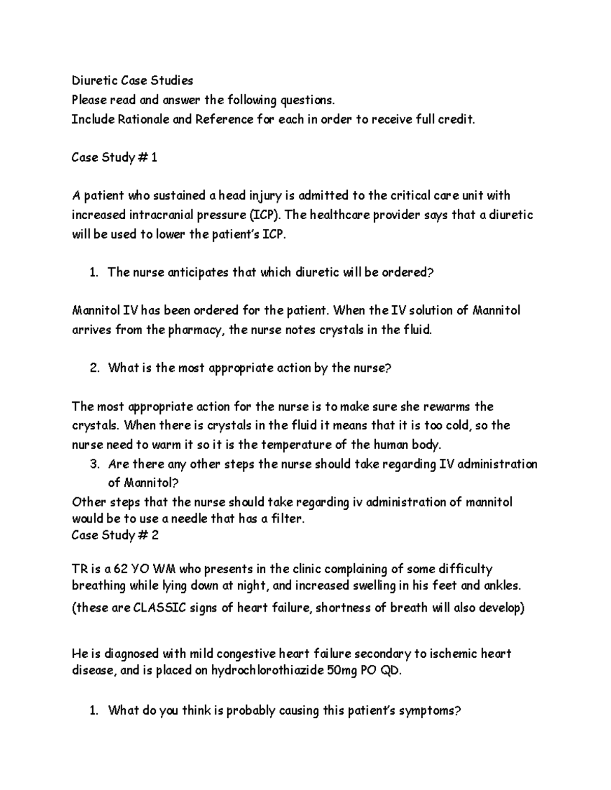 Diuretic Assignment Diuretic Case Studies Please read and answer