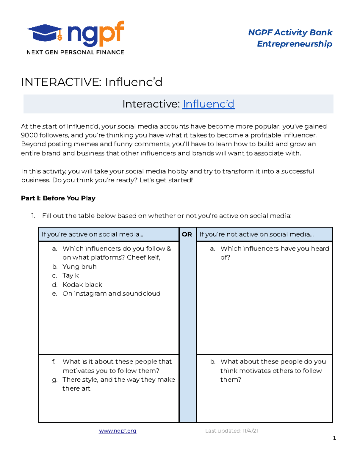 ngpf case study entrepreneurship answer key