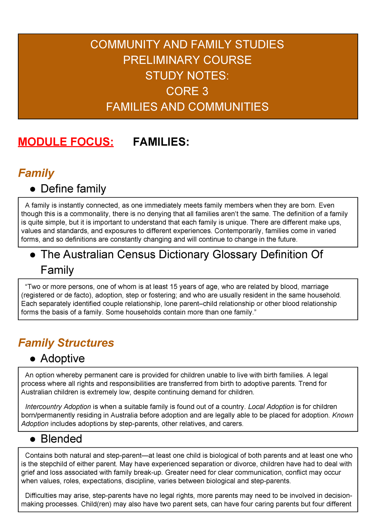 Cafs - Prelim Notes Families And Communities - Community And Family Studies  Preliminary Course Study - Studocu