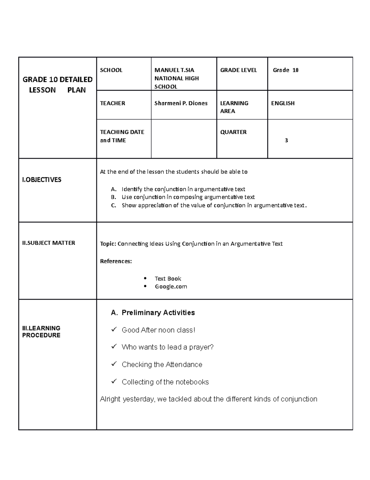 My lesson plan - I WANT TO LEARN MORE - GRADE 10 DETAILED LESSON PLAN ...