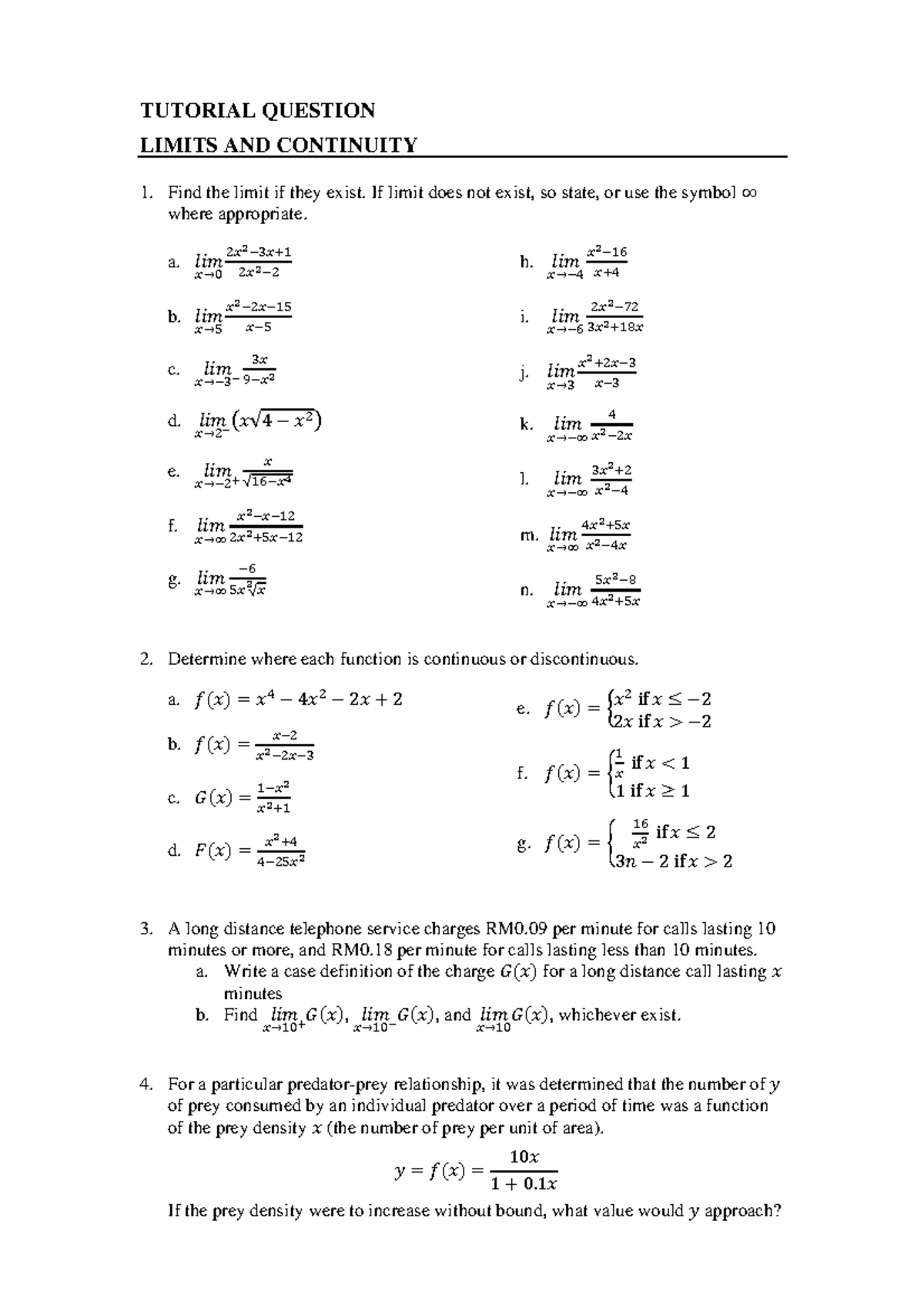 Limits and Continuity and Infinities - Tutorial 05 - TUTORIAL QUESTION ...
