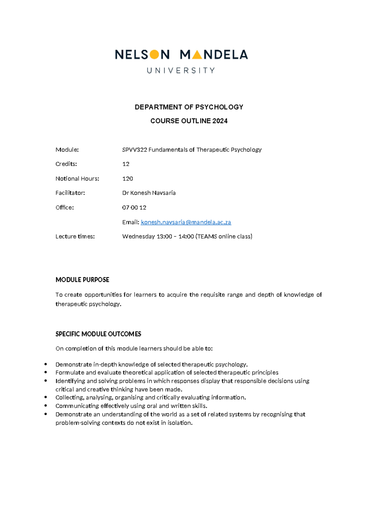 Module outline 2024 - DEPARTMENT OF PSYCHOLOGY COURSE OUTLINE 2024 ...