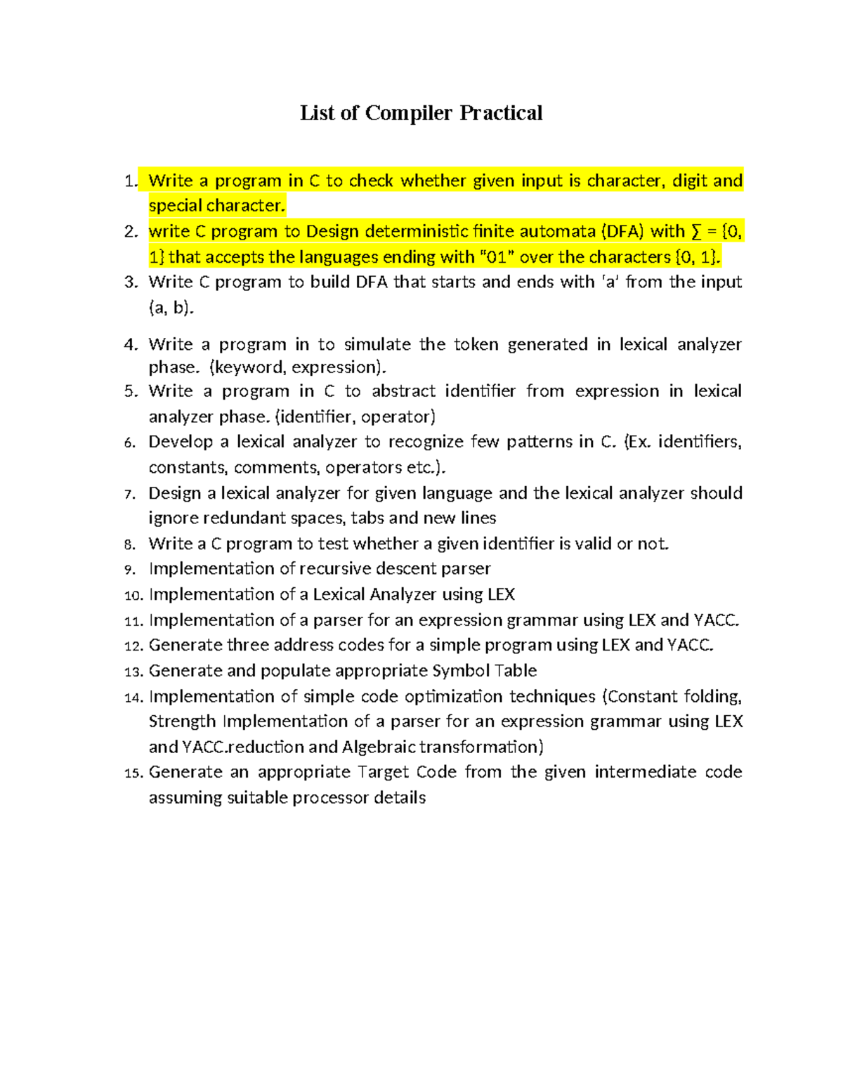 Compiler list practical - List of Compiler Practical 1. Write a program ...
