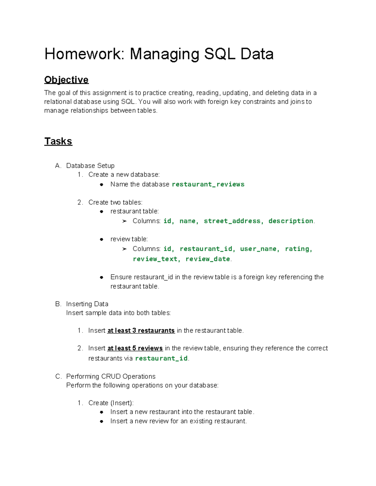 Homework 1 - Managing SQL Data - Homework: Managing SQL Data Objective ...