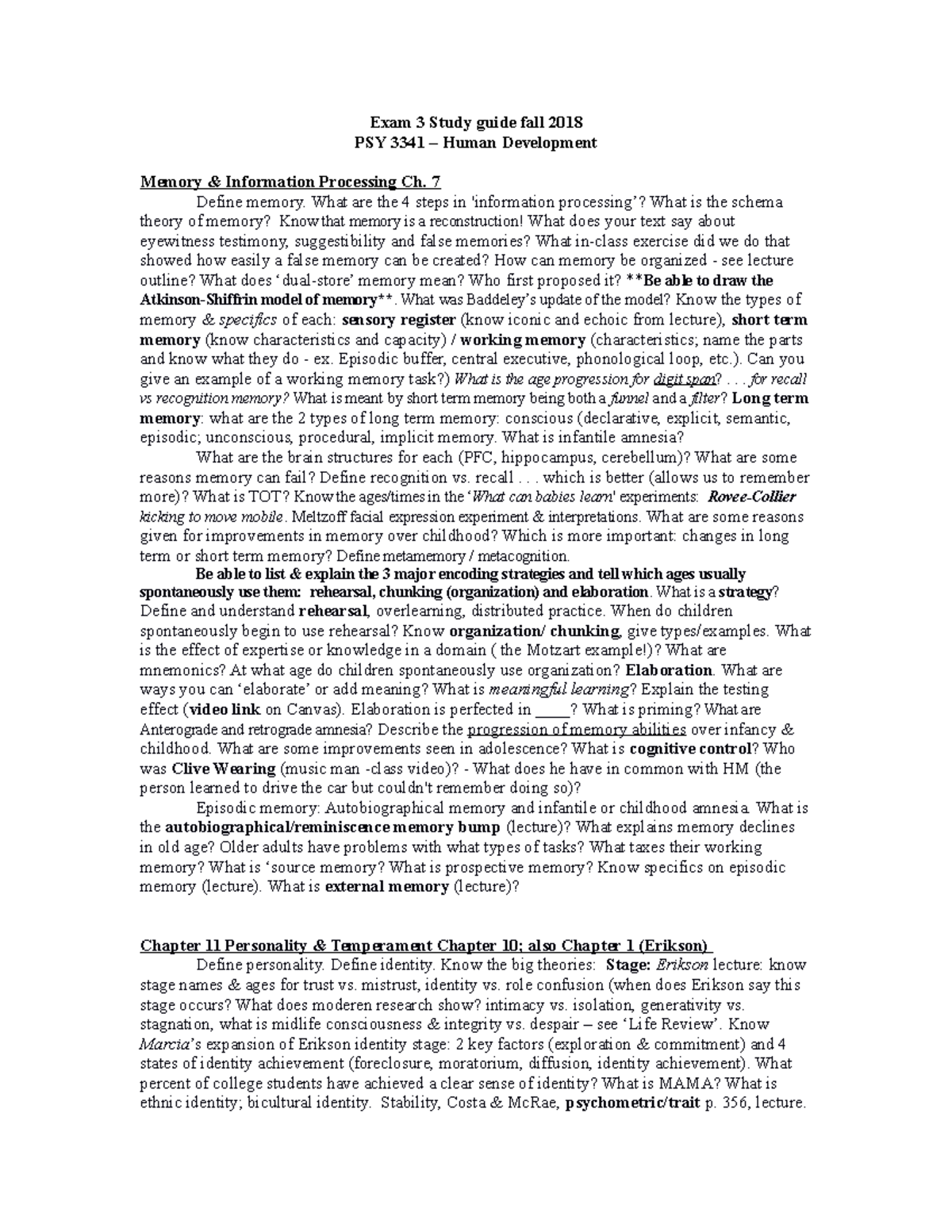 Study Guide Exam #3 Fall 2018 - Exam 3 Study guide fall 2018 PSY 3341 ...