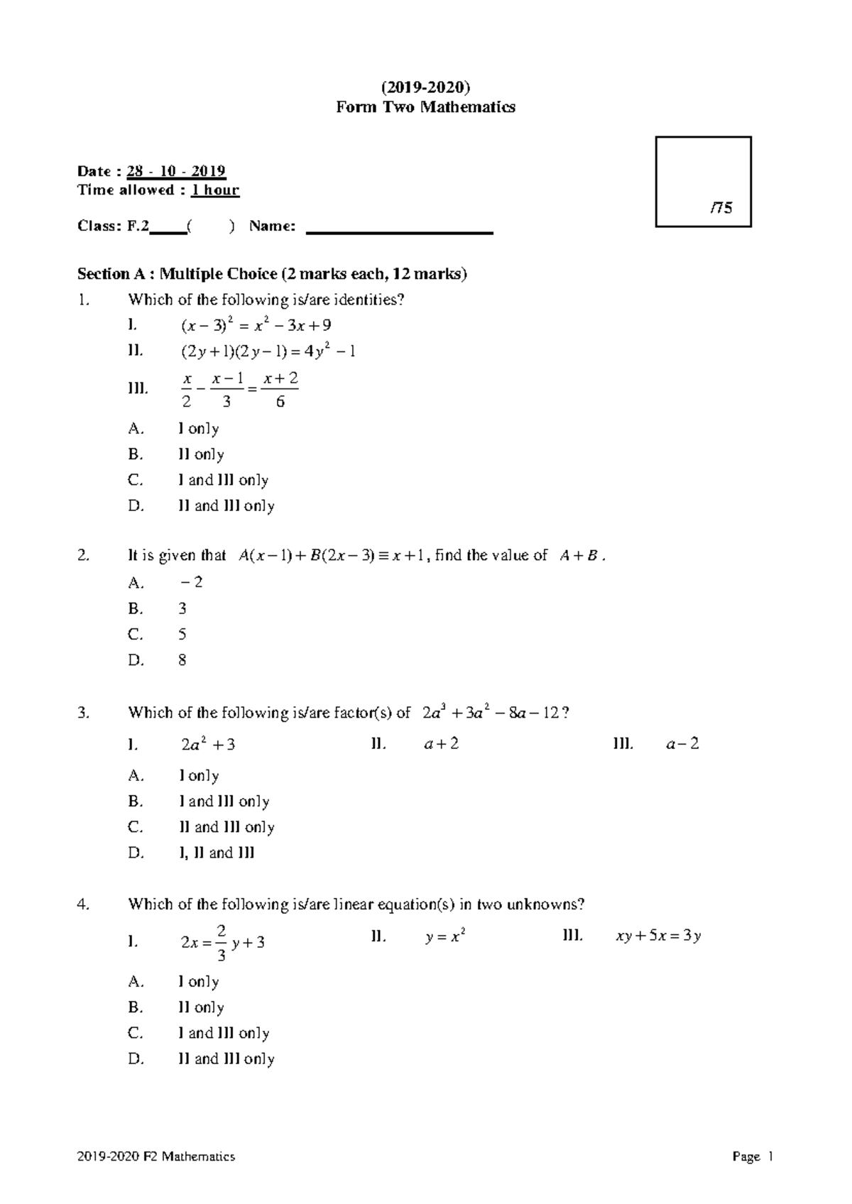 2019-20-S2 Maths - student in 2022/23 - 2019-2020 F2 Mathematics Page 1 ...