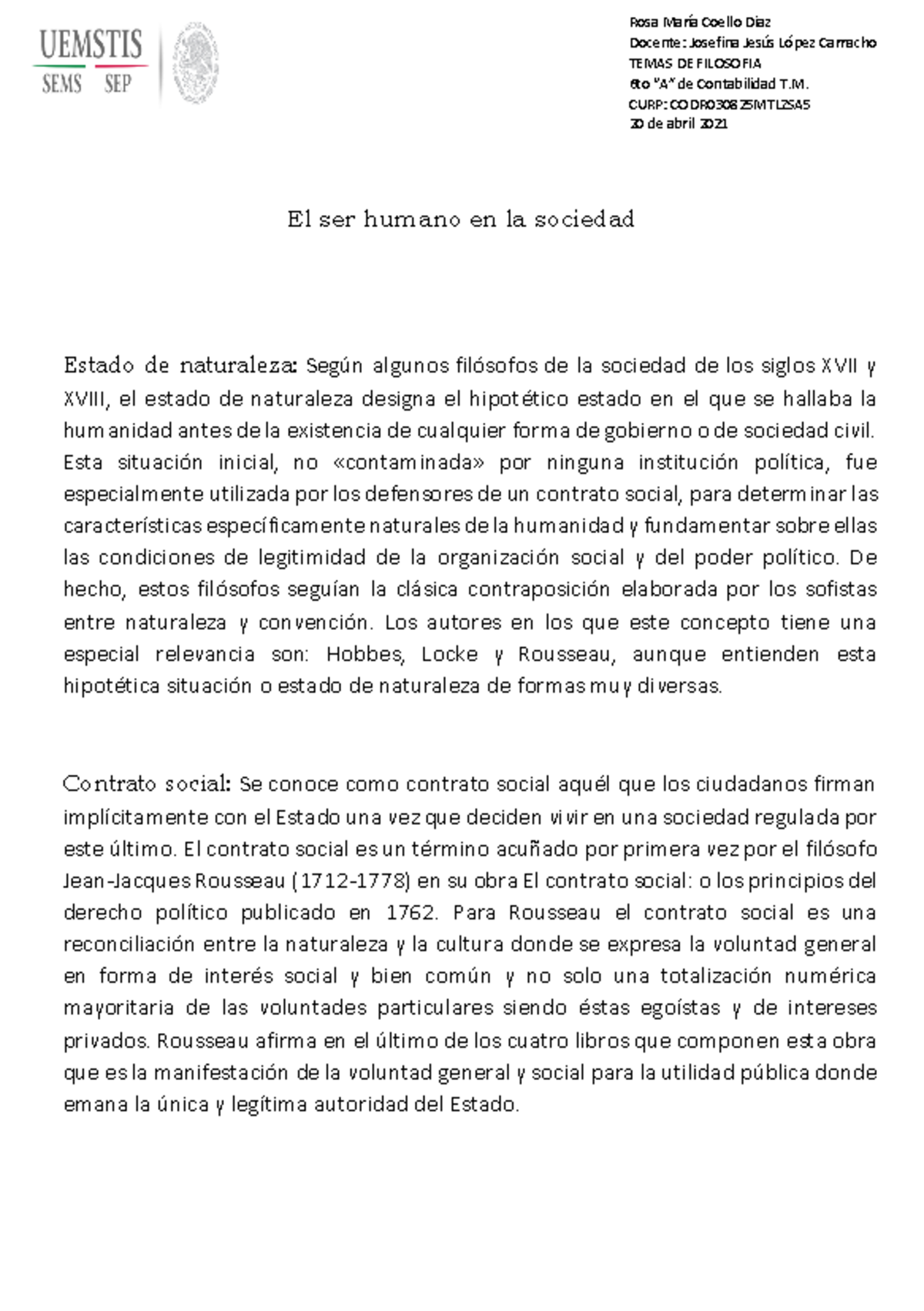 El ser humano en la sociedad - Rosa María Coello Diaz Docente: Josefina ...