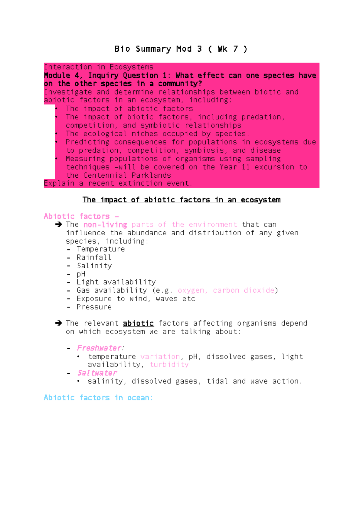 Biology Module 3 - Bio Summary Mod 3 ( Wk 7 ) Interaction in Ecosystems ...
