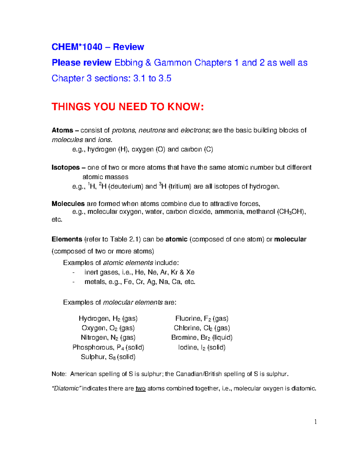 Best ever Chemistry review notes CHEM*1040 Review Please review