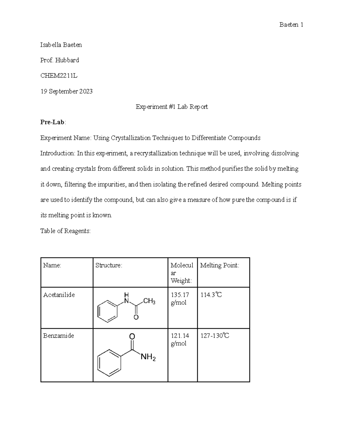 CHEM2211L Experiment #1 Lab Report - Isabella Baeten Prof. Hubbard ...