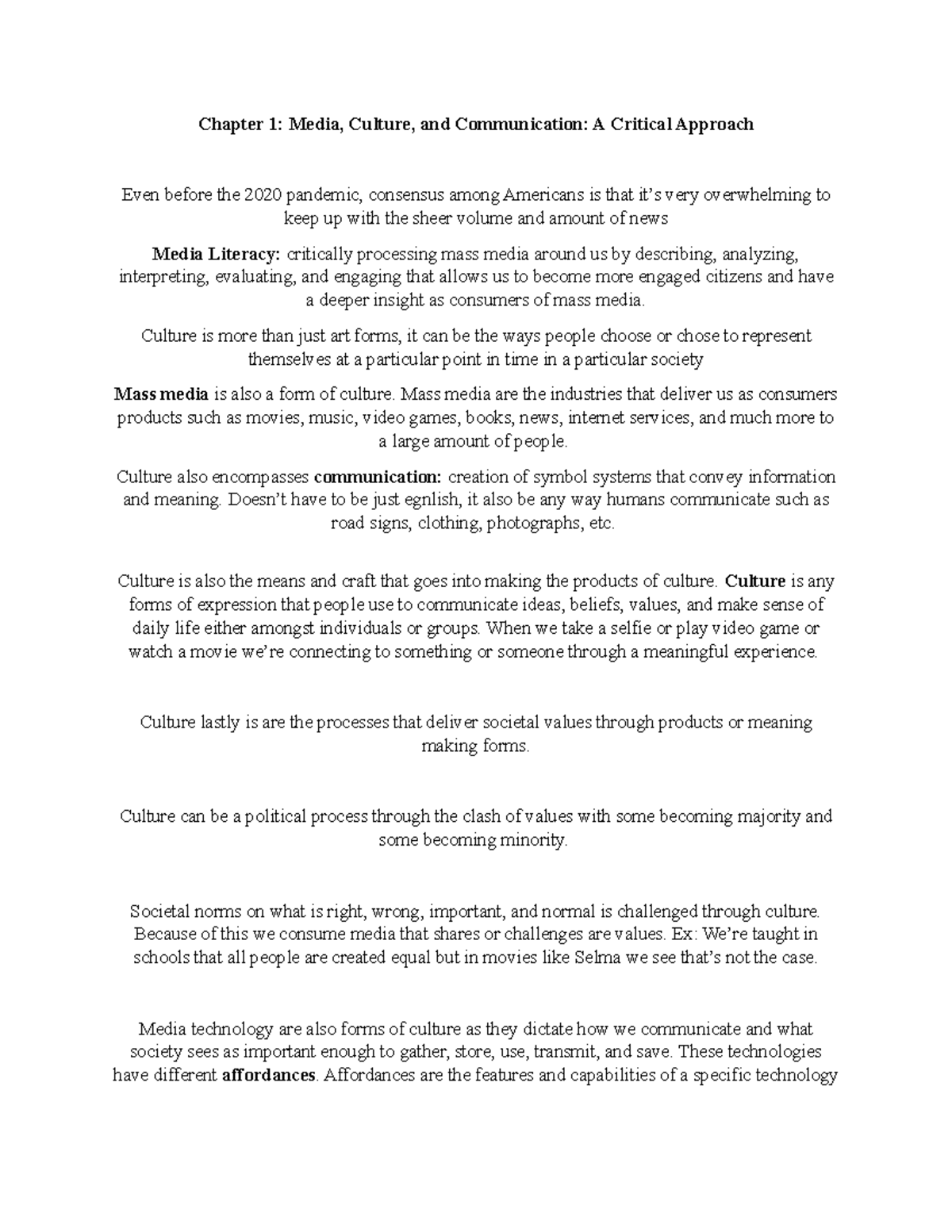 Chapter 1 Notes - Chapter 1: Media, Culture, and Communication: A ...