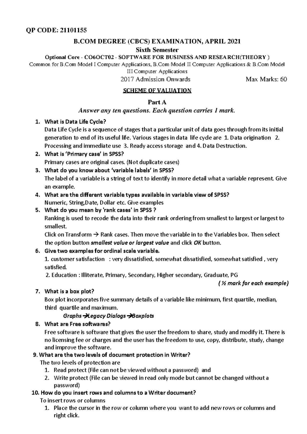SPSS Scheme April 2021 - Practice questions for software for business ...