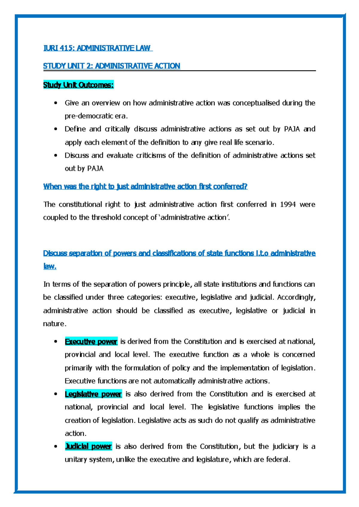 Administrative Action Notes - IURI 415 : ADMINISTRATIVE LAW STUDY UNIT ...