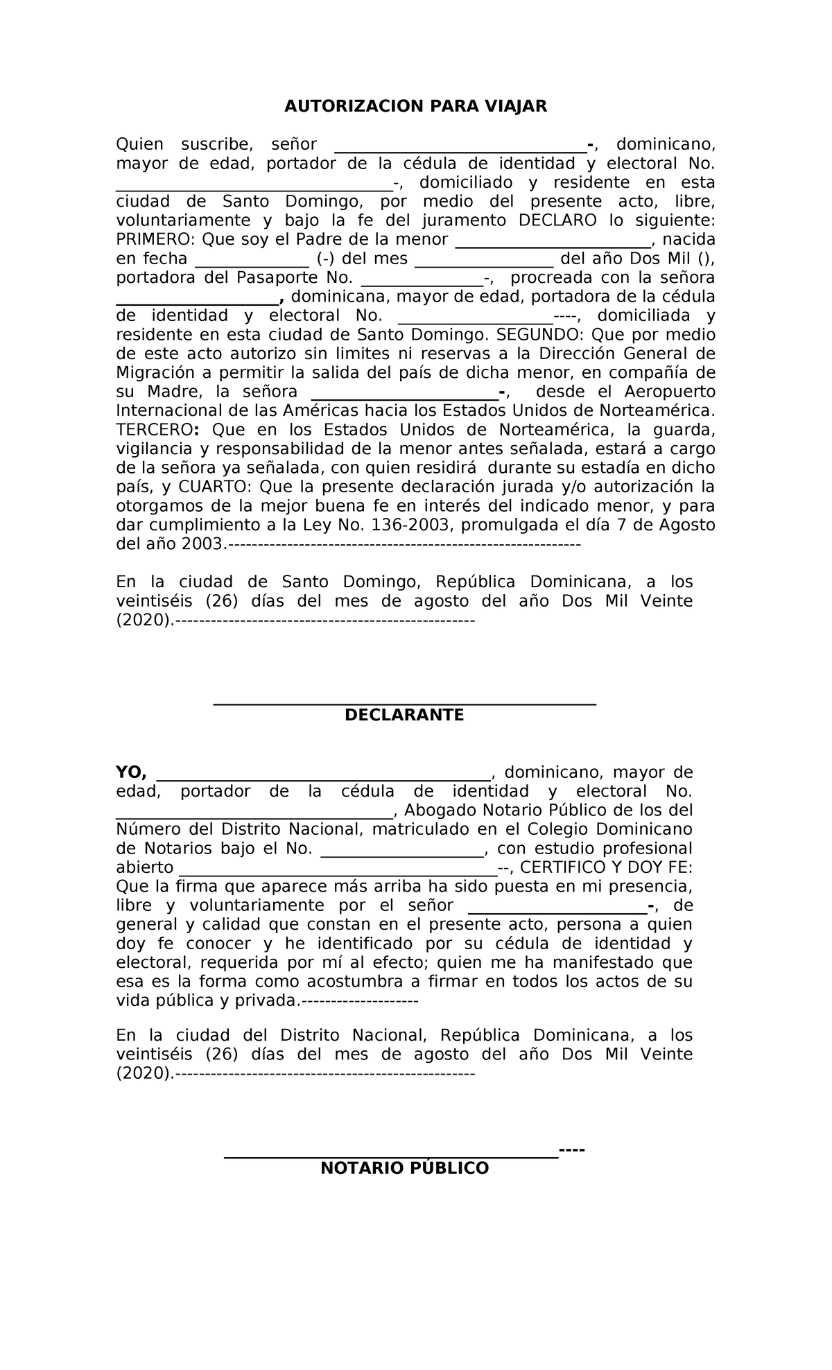 Modelo de permiso de viaje Menor de Edad RD - AUTORIZACION PARA VIAJAR ...