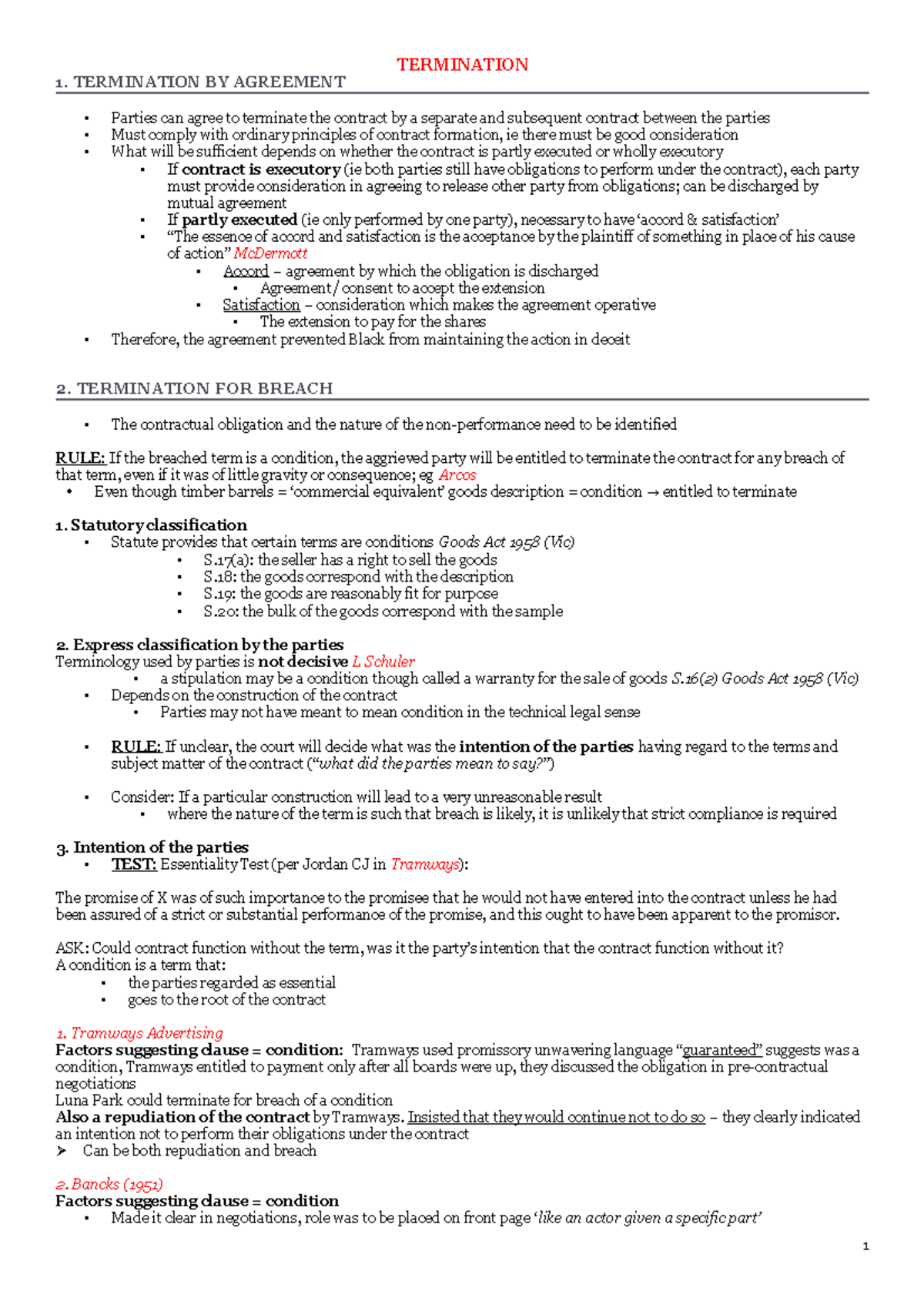 Contracts B Exam Notes - 1. TERMINATION BY AGREEMENT ...