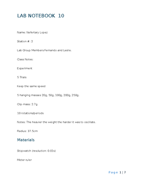 Notebook 2 - experiment - LAB NOTEBOOK 2: Pendulum I & II 1 | P a g e ...