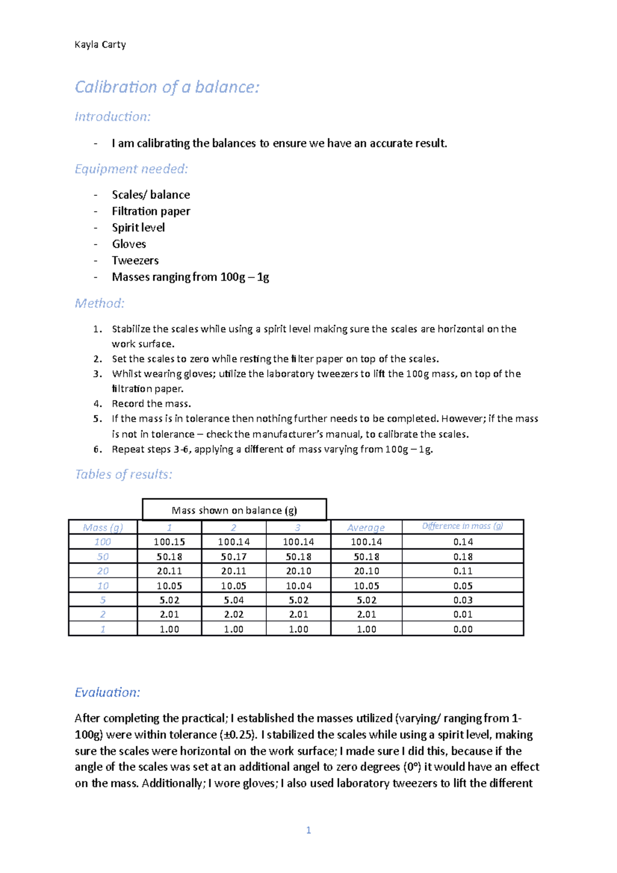Kayla example applied science Calibration of a balance