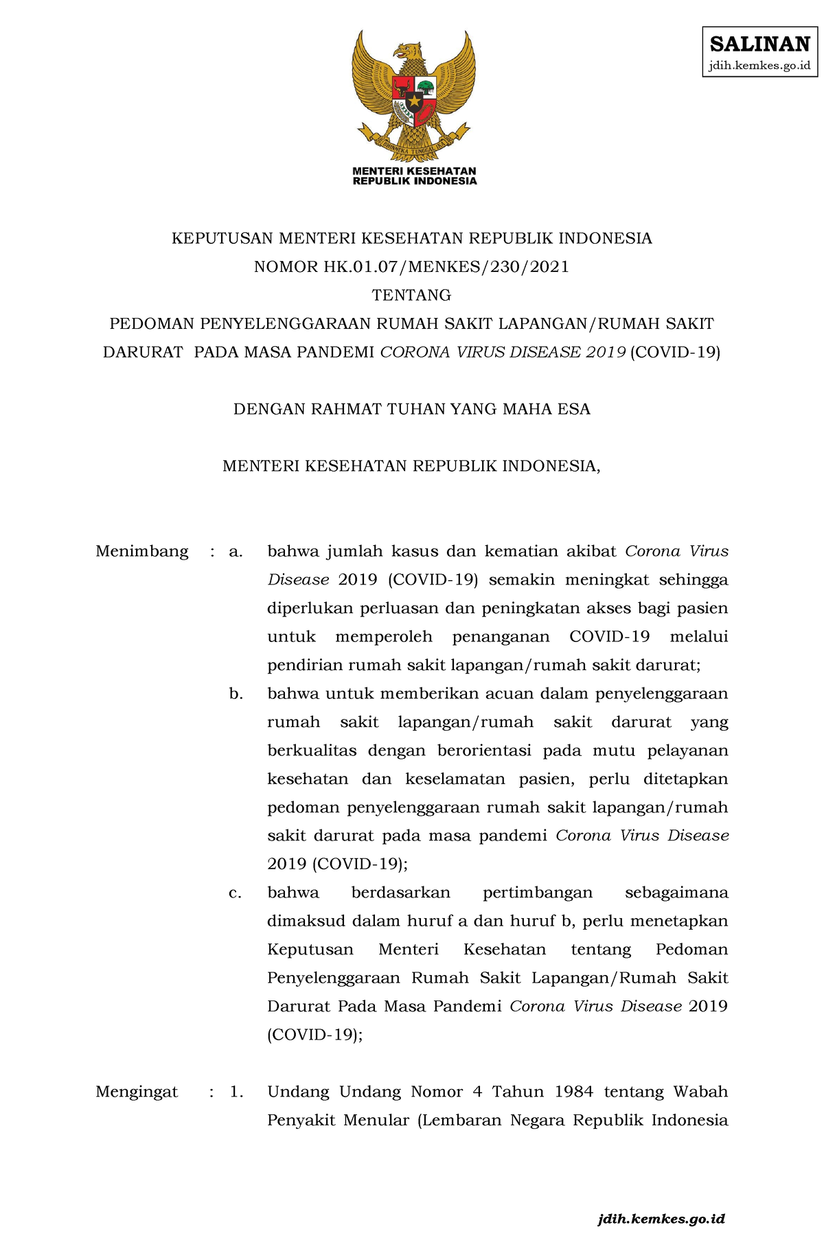 Kepmenkes HK - KEPUTUSAN MENTERI KESEHATAN REPUBLIK INDONESIA NOMOR HK ...