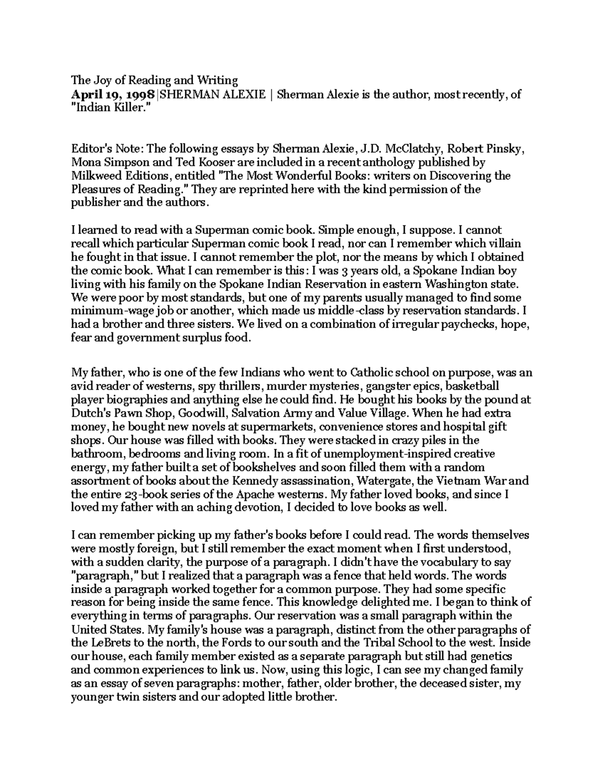 Superman and Me - Alexi - Reading material. Very interesting reading ...