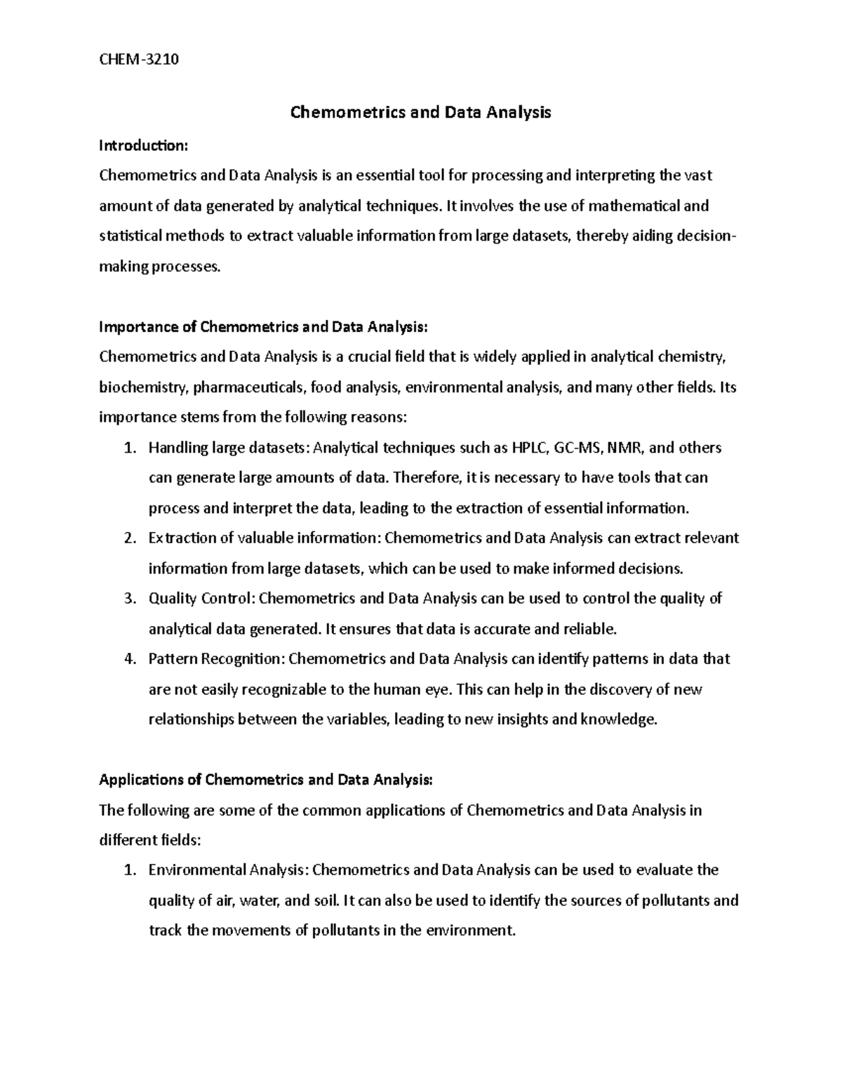 Chemometrics and Data Analysis CHEM Chemometrics and Data Analysis