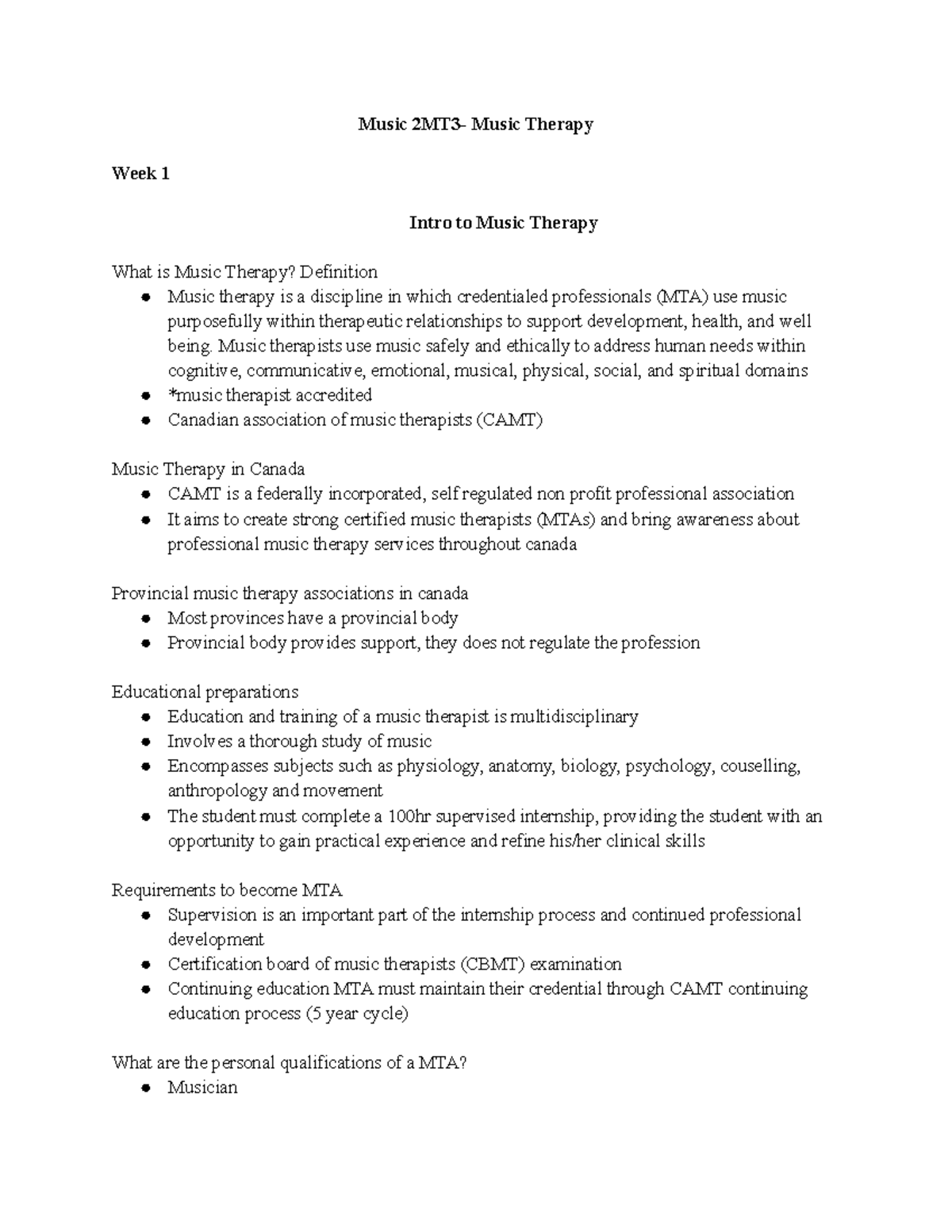 Music 2MT3 - 2mt3 notes - Music 2MT3- Music Therapy Week 1 Intro to ...