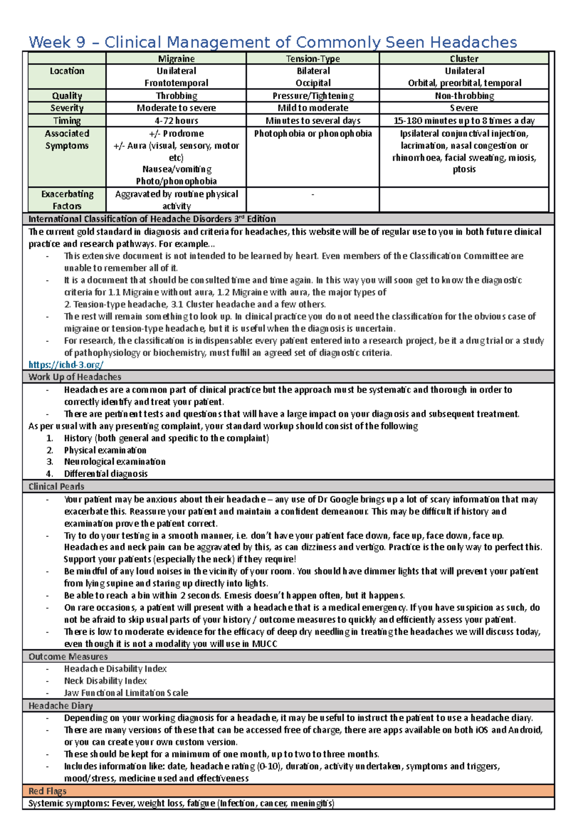 Headaches Notes - Headache lecture - Week 9 – Clinical Management of ...