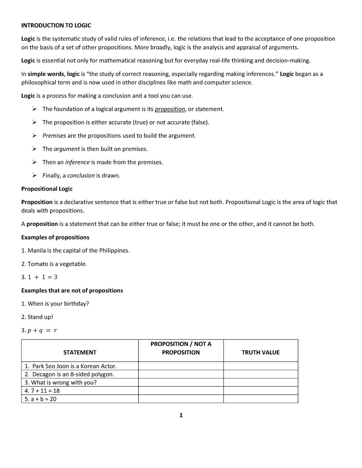 Logic Problem SET Handout - INTRODUCTION TO LOGIC Logic is the ...