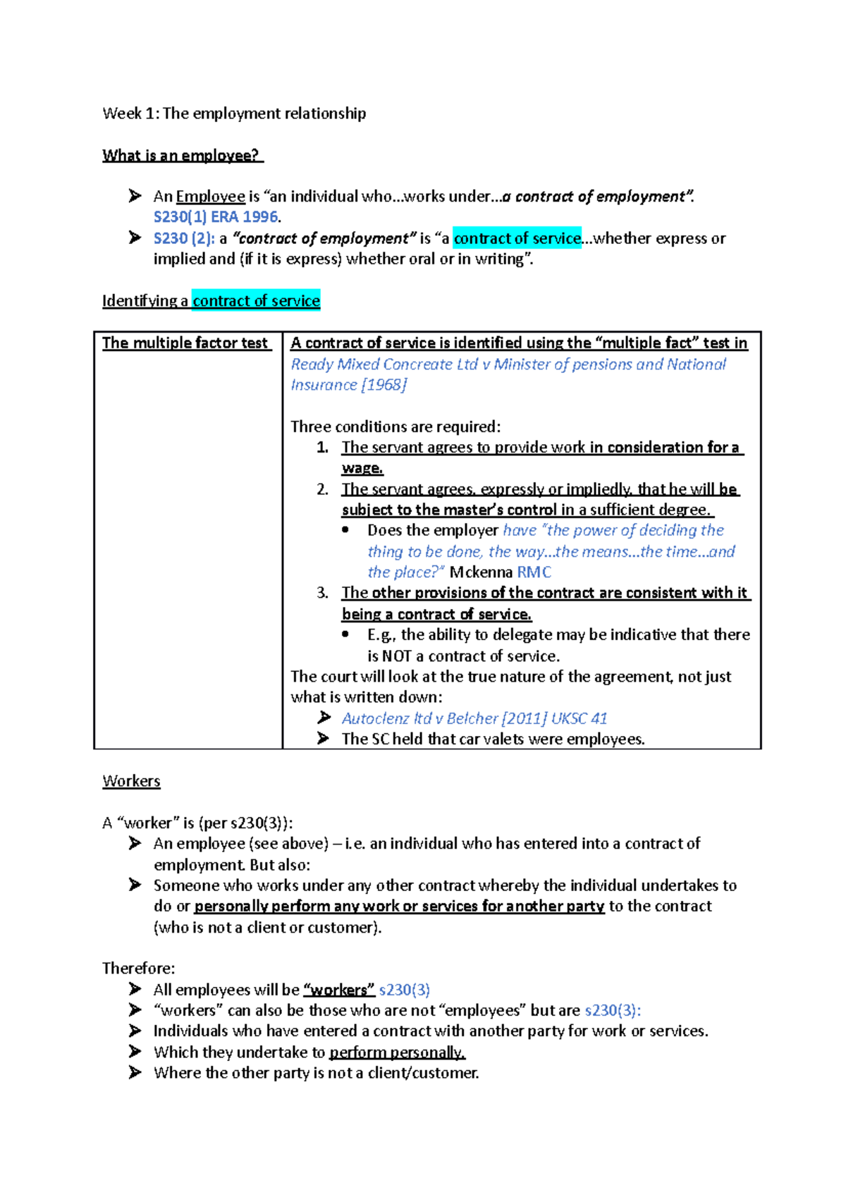 Week 1 - Week 1 - Week 1: The employment relationship What is an ...